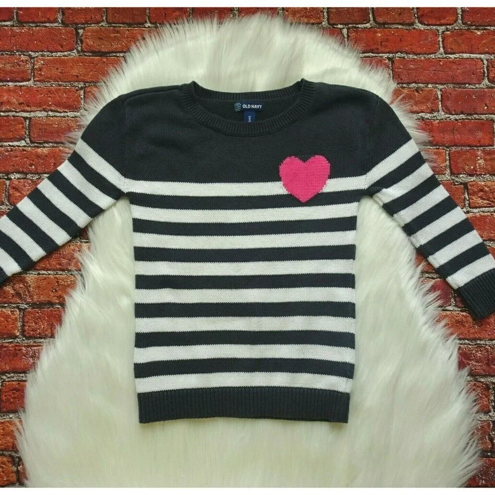 Clearance!💎5/$25 OLD NAVY Girl's Knit Pullover Sweater Heart Stripe Preppy XS